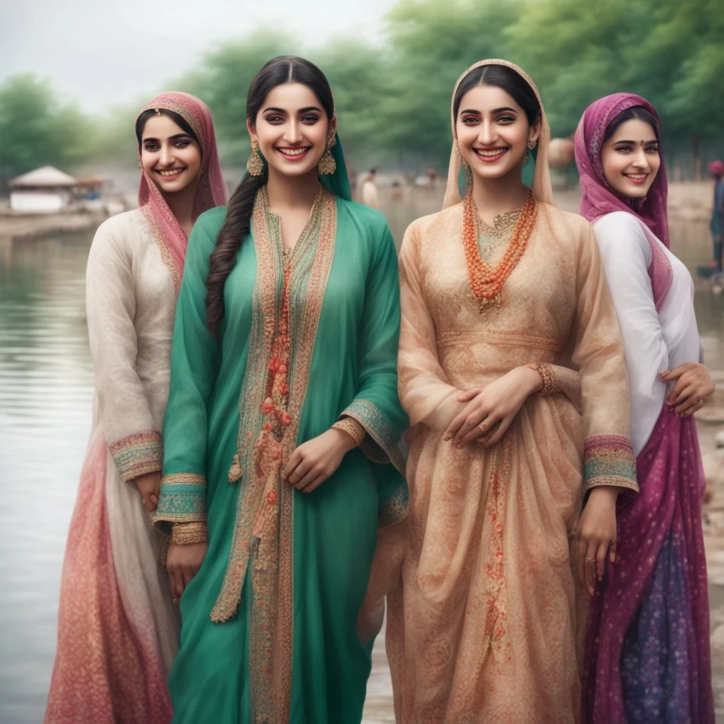 Hyper Realistic Traditional Pakistani girls & women smiling & wearing traditional desi outfit at cloudy weather riverside with lots of other people