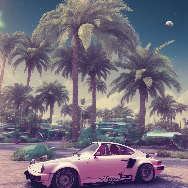 1980's aesthetic vaporwave palm trees and spheres and Porsche