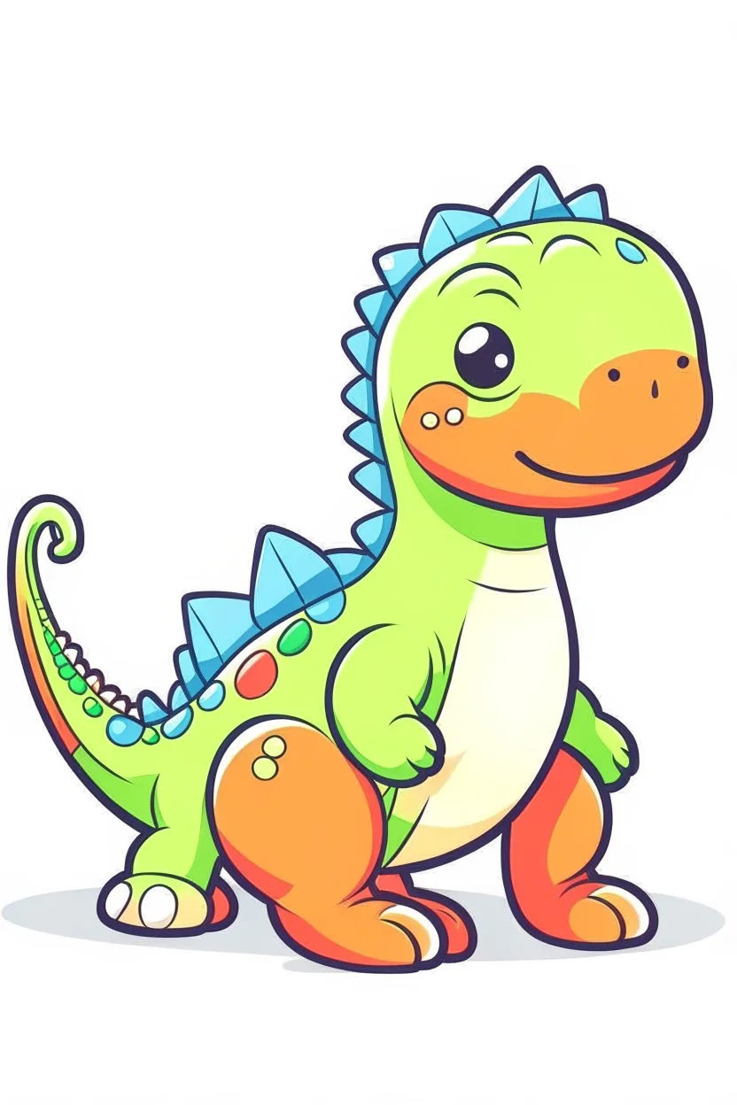 cute dinosaur colored with basic colors, full body, defined lines, no shadows, white background, clear and well. This generation should be colored only with the colors black, red, green, yellow, light blue, blue and orange