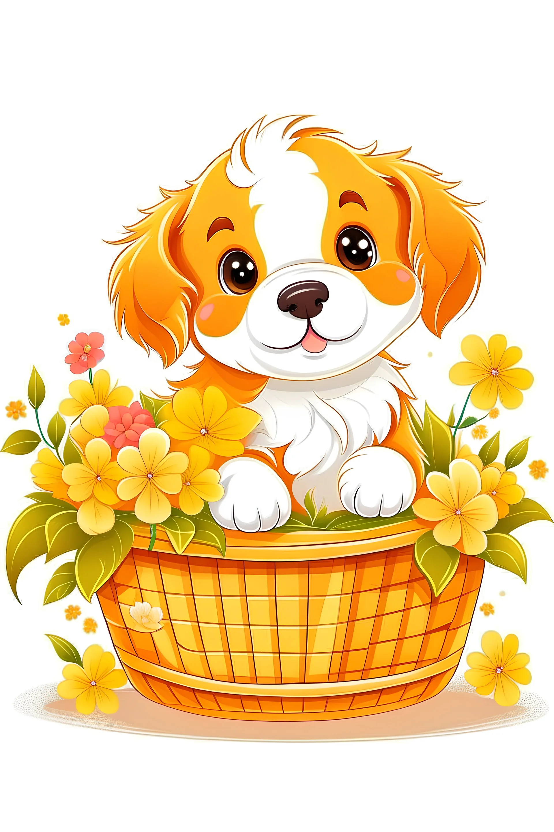 Illustrate a cute puppy sitting in a basket full of flowers. Use warm colors like orange and yellow, white background