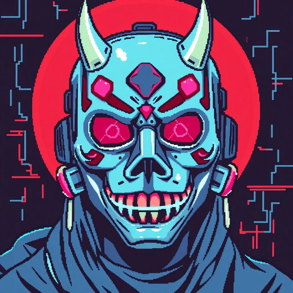 8 bit pixelart cyberpunk,Hannya-Maske, Comic style