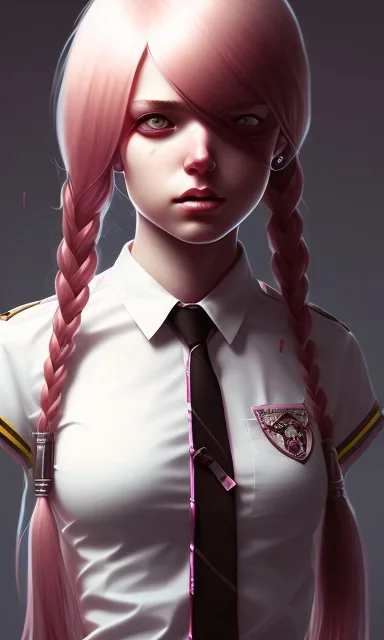 girl, cute, beautiful, pink hair, brown eyes, pigtails, bangs, knife in hand, blood on face, by Greg Rutkowski, big boobs, school girl uniform