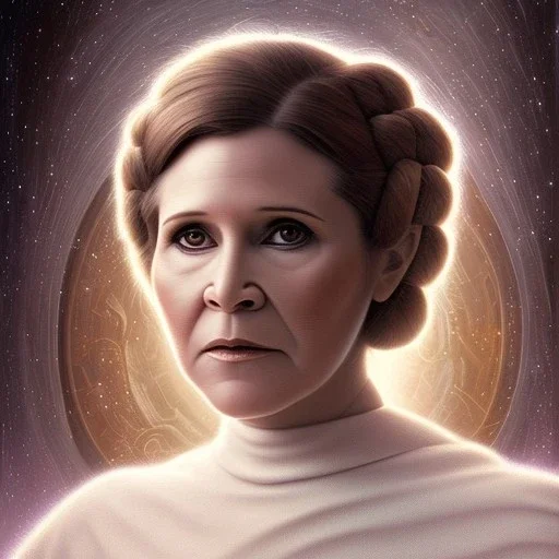 hyperspace background, complete and photo realistic detailed head to waist stunning photo realistic portrait of carrie fisher as Princess Leia in star wars with photo realistic updo hair by Mandy Jurgens and mucha and Richard Schmid and chuck close and chie yoshii, extraordinary and detailed ceremony dress of star wars,brown eyes