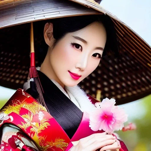 close-up of a gorgeous, stunning Japanese woman with bamboo umbrella, cherry blossoms, kimono, 8k, high-quality, ultra-fine detail, detailed matte, digital art, Brian Froud, Howard Lyon, Anna Dittman, Anne Stokes, Selina French, Greg Rutowski