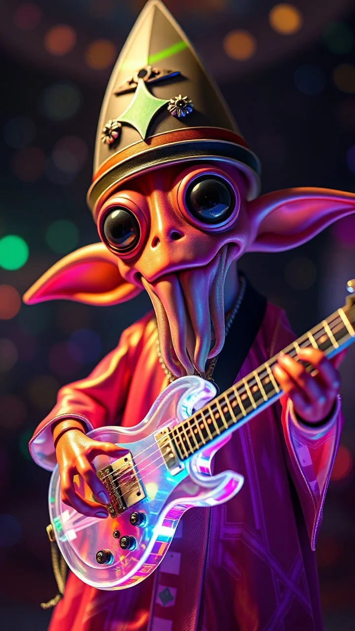 a psychedelic charming muppet show squid priest gremlin rock star with space laser transparent prismatic guitar in the style of Escher, bokeh like f/0.8, tilt-shift lens 8k, high detail, smooth render, down-light, unreal engine, prize winning