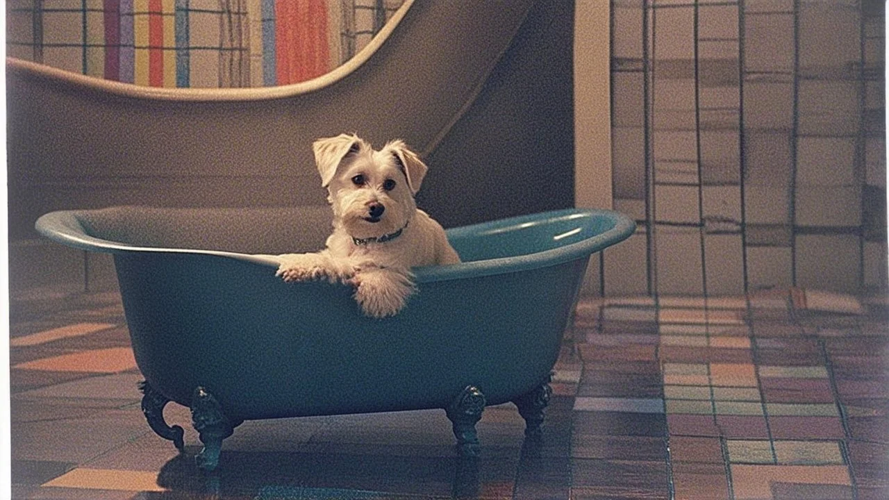 A playful white dog, with a fluffy coat, is comfortably seated in a vintage, checkered-floor bathtub. The tub is surrounded by a vibrant, colorful backdrop, creating a whimsical and cheerful atmosphere. The dog's eyes are filled with curiosity and contentment, as if enjoying a well-deserved bath time.