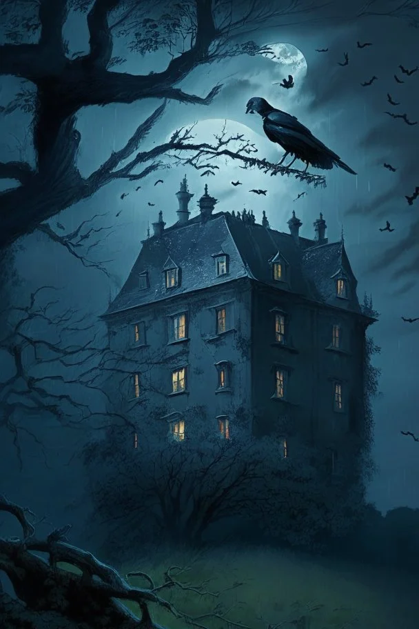 An old English mansion on a hill on a stormy night. A large crow is watching the flickering light from a window. The crow is on a branch in a large, leafy, horse chestnut tree.