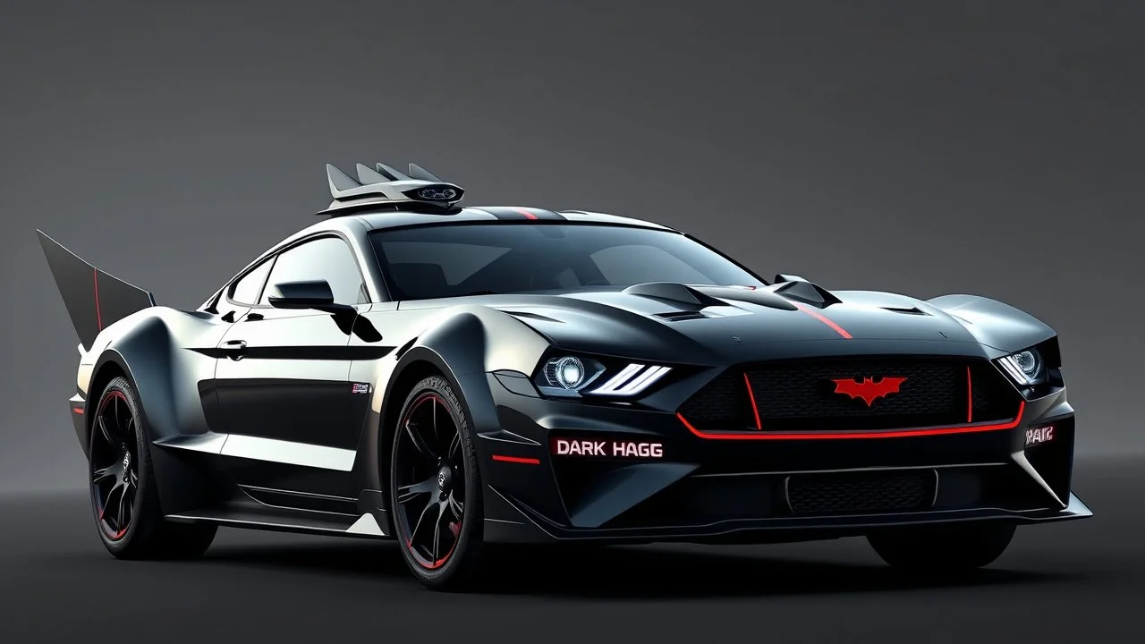 batmobile concept inspired from a 2025 ford mustang dark horse with a large elaborate spoiler and batman symbol style fins, batman symbol in grille, lower wind deflector. red stripes like 1960s adam west batmobile