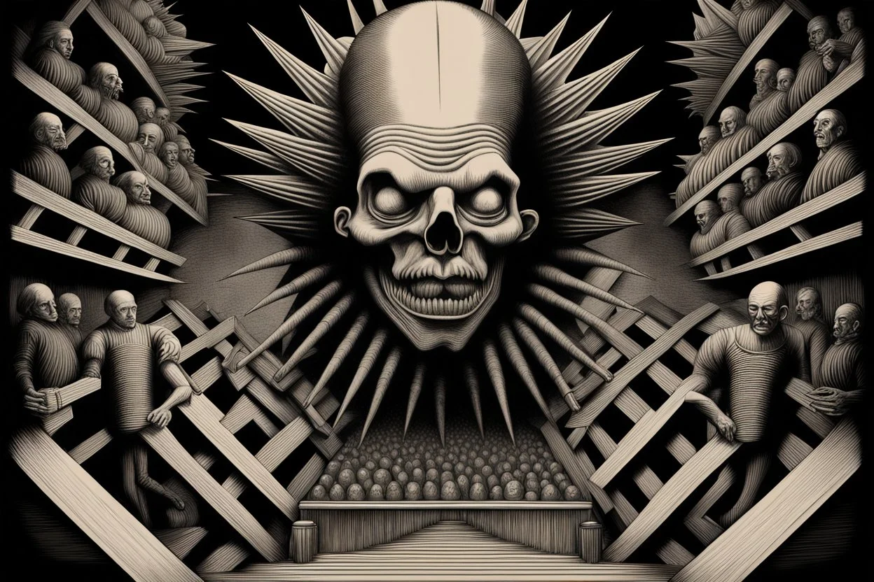 spiked propaganda poster in the style of Rembrandt, Escher and Giger