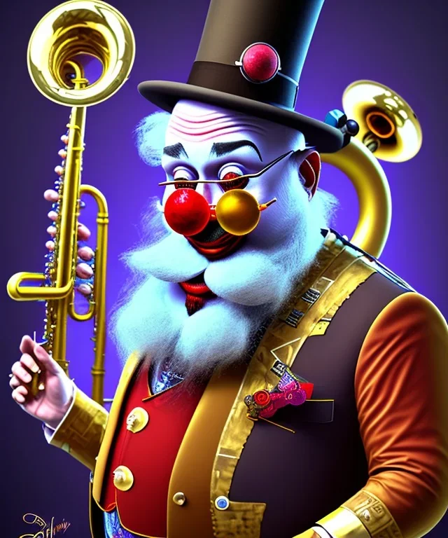 mechanoid old friendly fat clown with trimmed beard playing jazz with a steampunk theme, trumpet, realistic