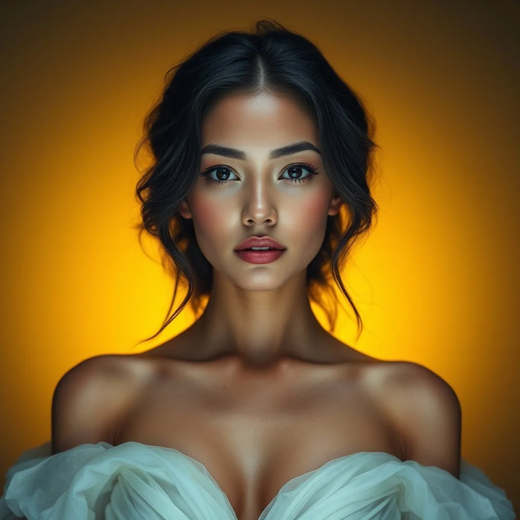 Born of the Ocean Where the sea becomes a gown and every wave moves with her. A moment of gown in waves ,A high-quality professional portrait of a looking directly into the camera with a calm expression, ultra-smooth flawless skin, soft dramatic studio lighting. The background is a soft light, deep dark yellow with a subtle gradient effect, and a bright, vibrant glowing yellow neon aura outlines the hair and shoulders, creating a striking backlit halo. Photorealistic, 8k resolution, cinematic