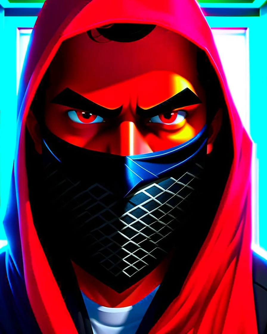 Draw an illustration with a red and black hood and a dragón mask over they eyes