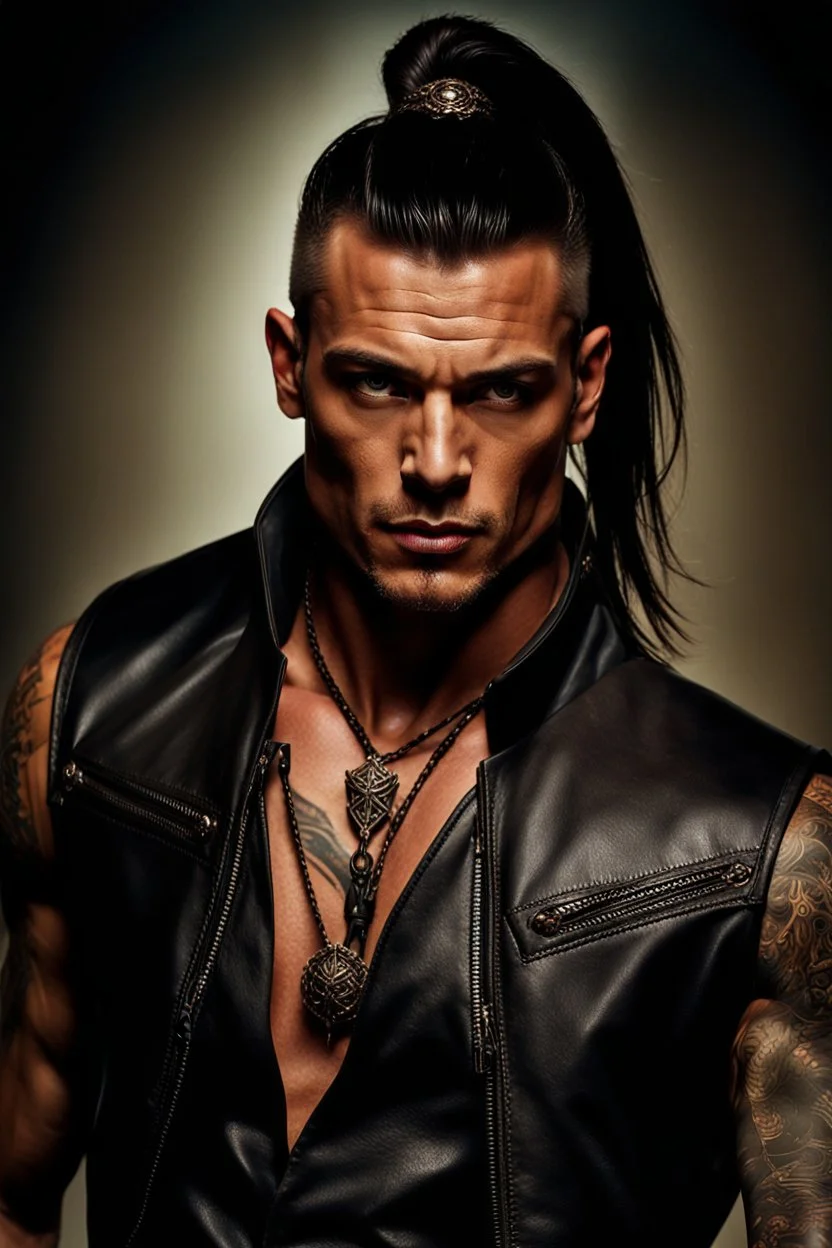 portrait of a 35 year old Handsome muscular male with dark bronze skin adorned with tattoos. His long dark hair is tied back in a pony tail. He's wearing a leather vest and has a dagger which hangs from his belt. Dark fantasy. Hyperrealistic