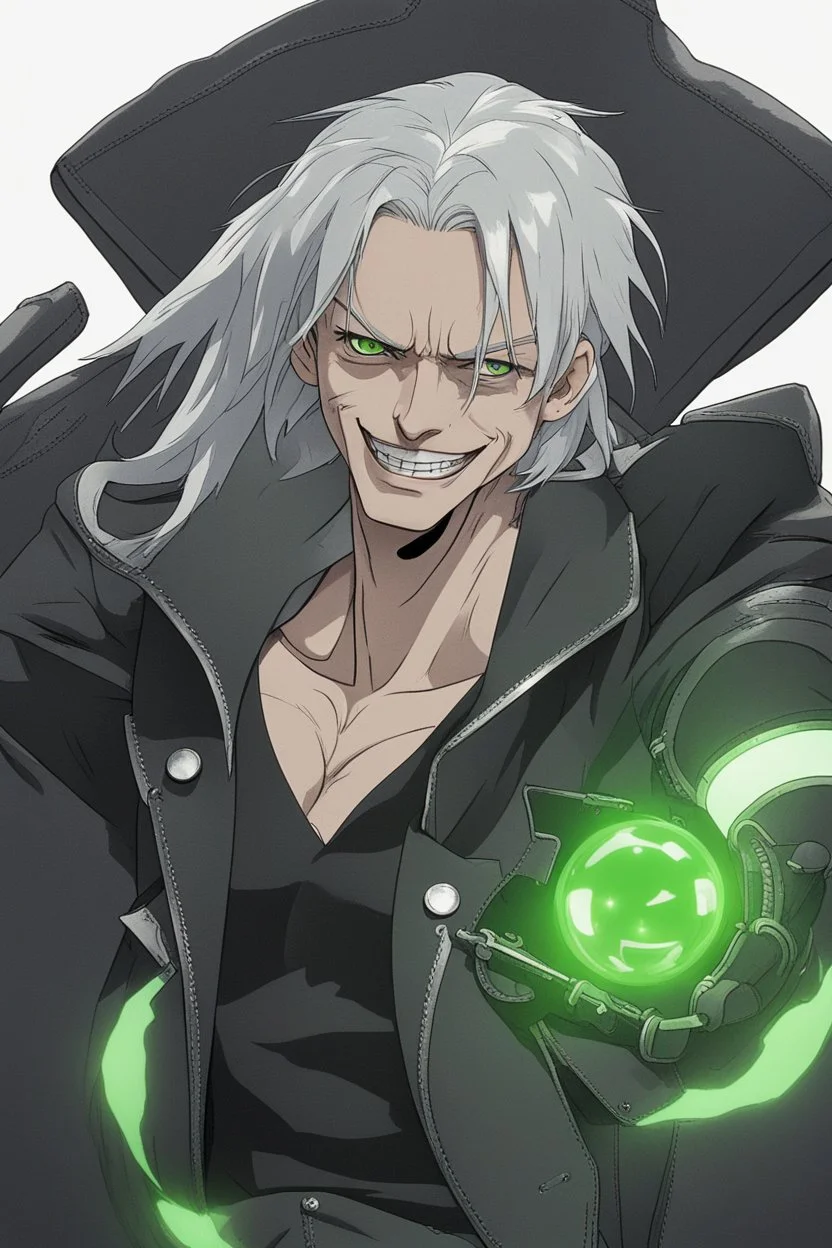 plauge doctor in balck leather clothes with silver hair, pale skin and bright green eyes smiling with sharp teeth