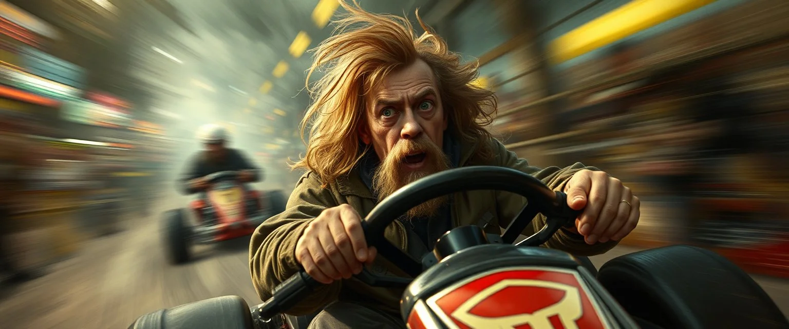 gokart mozart bewildered looks beyond really powerful, fantasy illustration in the style of Rembrandt, motion blur background