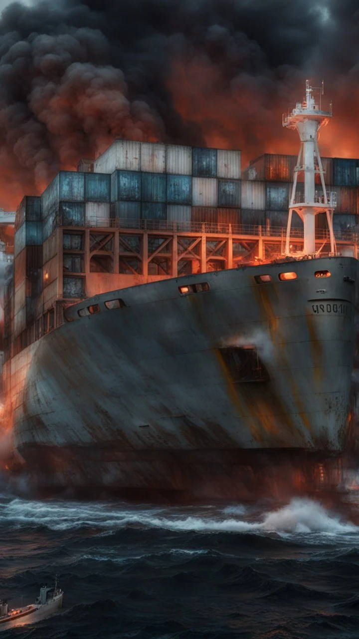 ,surrealism of the dark of a nightmare , hyper photorealistic, hyper detailed dark art color, high resolution, fog, octane render, tilt shift, HDRI Environment, all pictures dark gray, a submarine on fire
