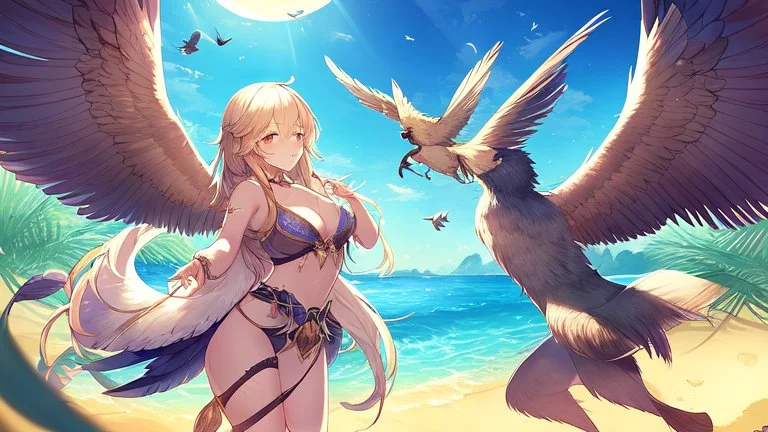 Highly detailed medium shot of a bird, sand, hot, cute, feathers, wings, tail, sun, large