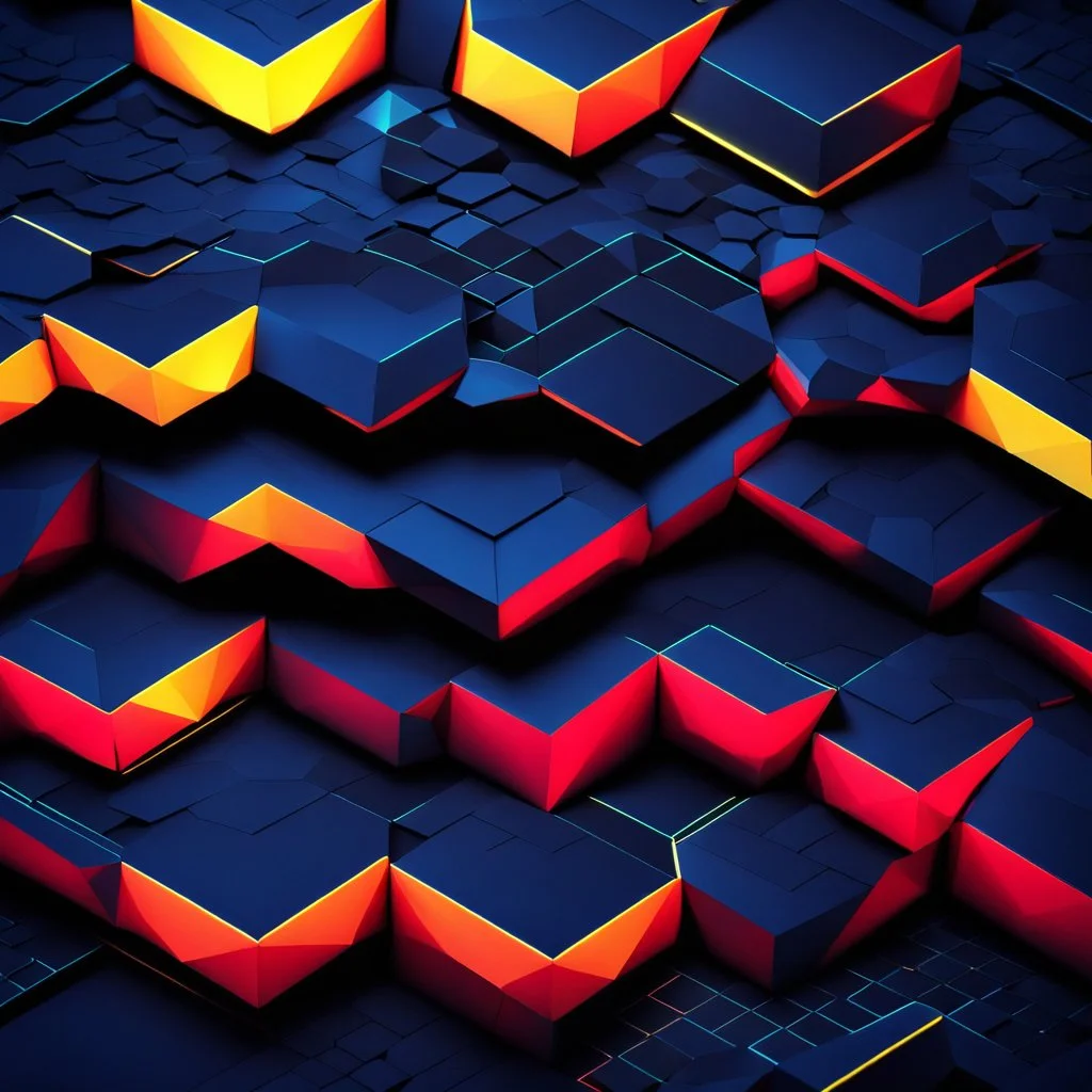 Hyper Realistic Low-Poly Big Hexagonal Patterns with Neon Glow [Navy-Blue Red & Yellow & Grungy Black Background].