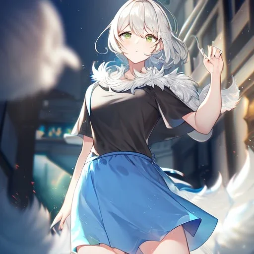 Clear focus, High resolution, light grey short hair, dark green eyes, wearing a black t-shirt and blue skirt, fluffy hair, detailed outfit