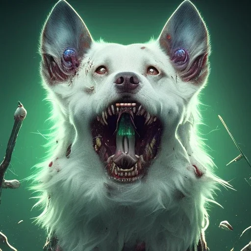 Dog, monster, green, horror, teeth, gore, blood, masterpiece, expert, 8K, hyperrealism, sharp focus, cinematic lighting