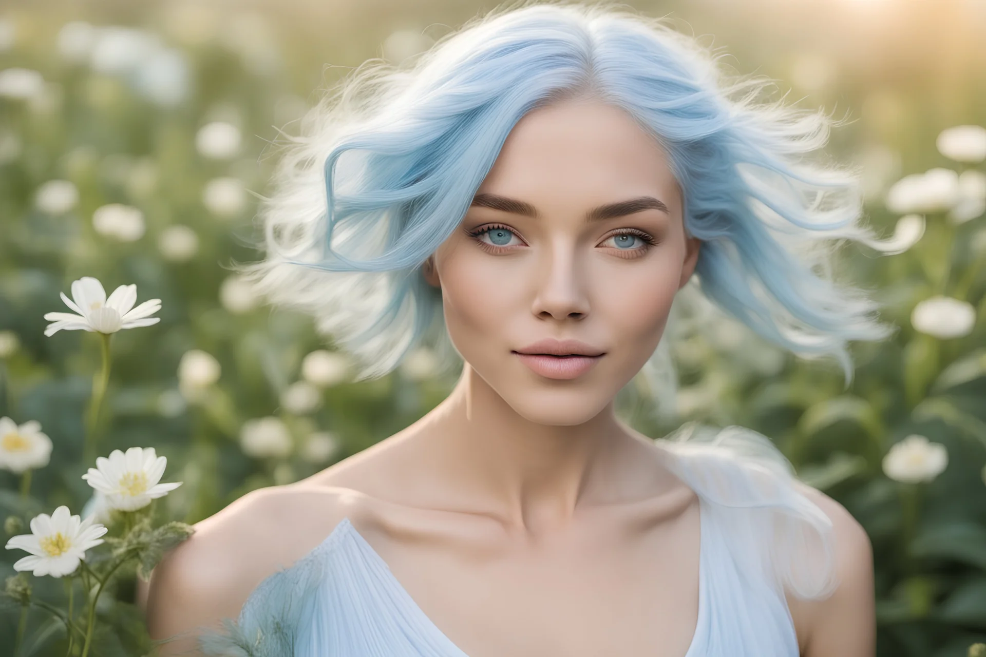 a beautiful woman with all defined parts of body. perfect face, hands, light blu hair, that represents freedom, lightness simplicity, love is pure and delicate and leaves room for Trust. there is also chicory bach flower in the lanpscape