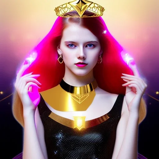 Attractive young teenage girl with golden red hair wearing a gold tiara, who is dressed like a witch casting a spell holding a blue gem, she has cat ears and open dazzling blue eyes, background is realistic space with a moon, the girl is on a planet, black black girl dress, full body portrait, arm colors gradient effect into stars, rendered, unity 3d, unreal engine, dslr, hdr, 4k, edited, photorealistic, normal number of appendages, freckles, artists render