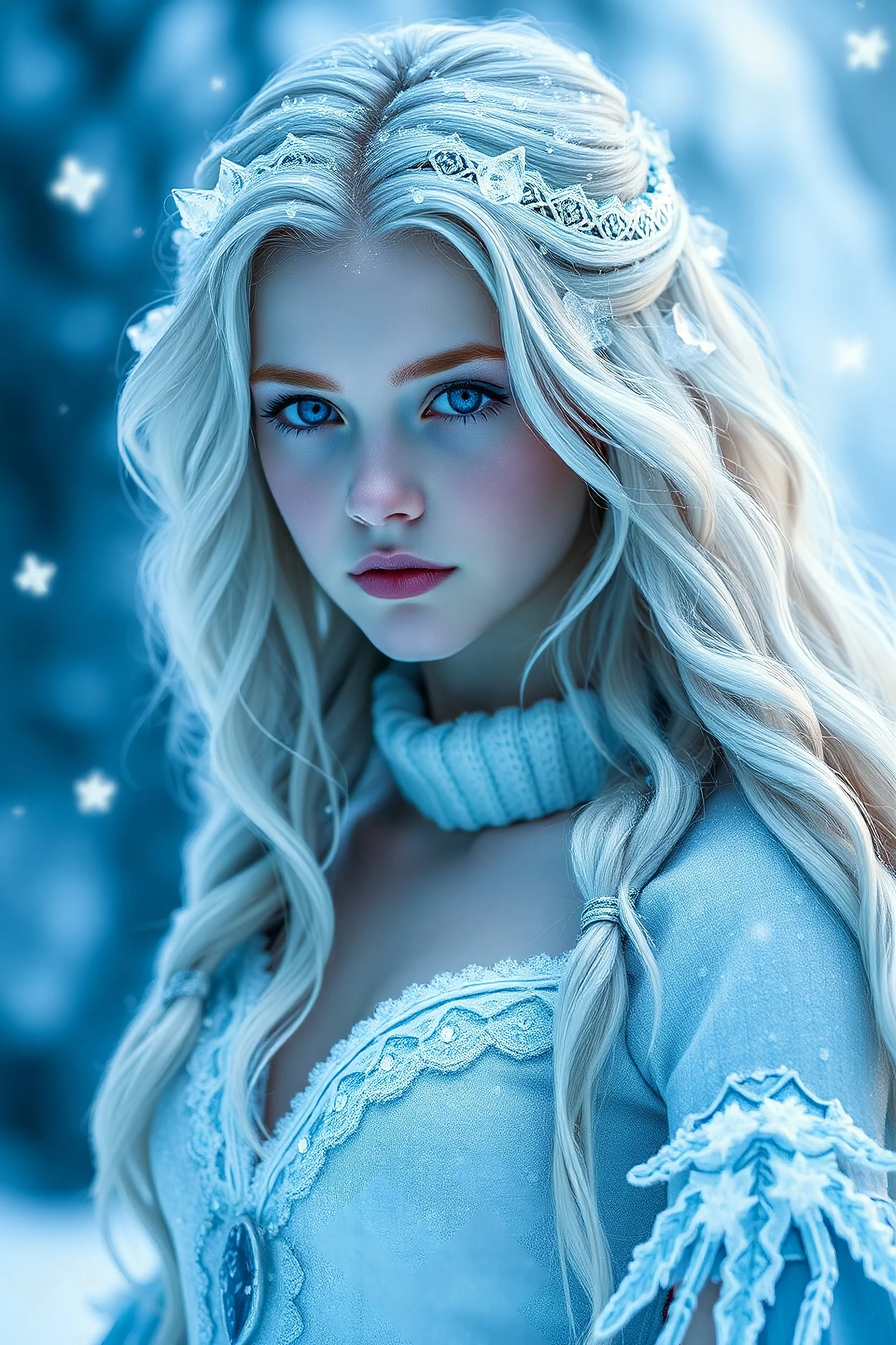 White teen girl who is the princess of ice magic. She has icy hair and ice blue eyes, she looks like ice is dusted on her