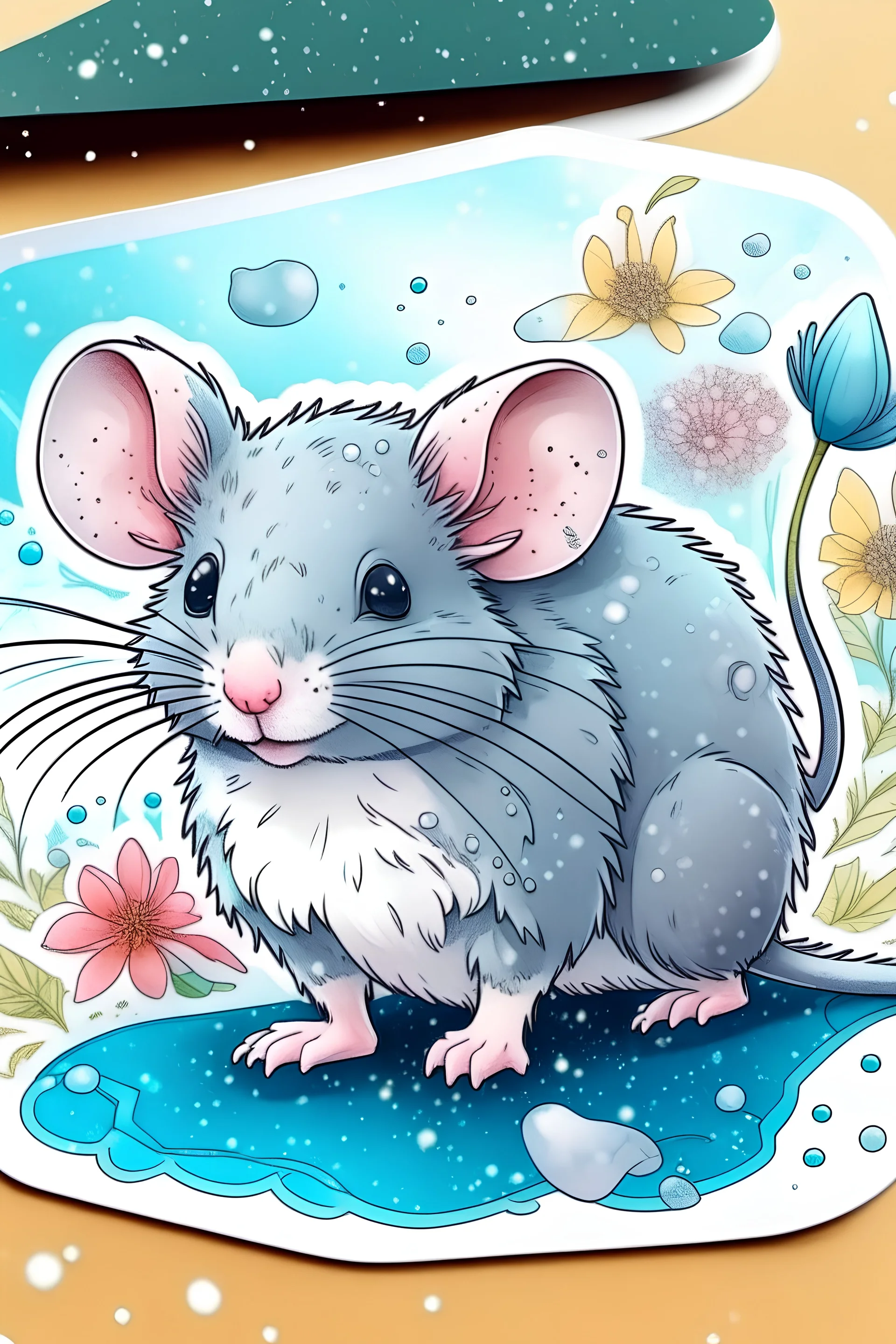 STICKER, (STICKER), detailed illustration of a clear bright cute detailed rat, a splash of fancy snowflakes,vintage T-shirt design, in the style of Studio Ghibli, winter flora, pastel notebook colors, 3D vector graphics, cute and fancy, fantasy art, watercolor effect, bokeh, Adobe Illustrator, hand-drawn, digital painting, low-poly, soft lighting, bird's-eye view, isometric style, retro aesthetics, focused on the character, 4K resolution, photorealistic rendering, Cinema 4D usage, Mysterious