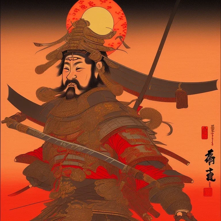 Single human Samurai Japanese Ukiyo-e, red sun in the background