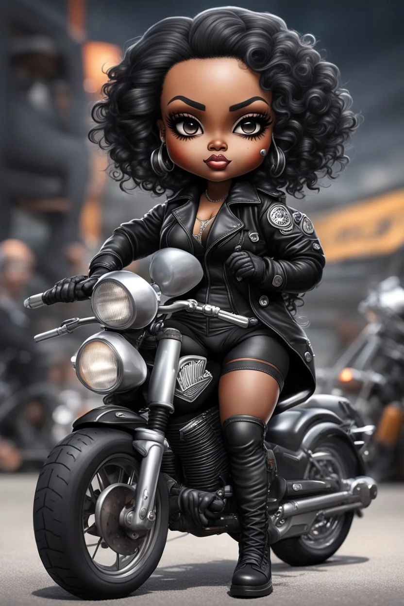 Create an airbrush image of a chibi curvy black female wearing a biker's coat and boots with black tights. Prominent make up with hazel eyes. She is sitting on a big Harley Davidson motorcycle at a bike show.