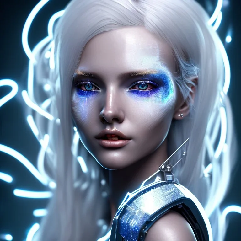 A beautiful portrait of a cute smiling cyberpunk woman, long blond platinum hair, high key lighting, volumetric light high details with blue and white stripes and feathers and white celtic paterns, beam starry background