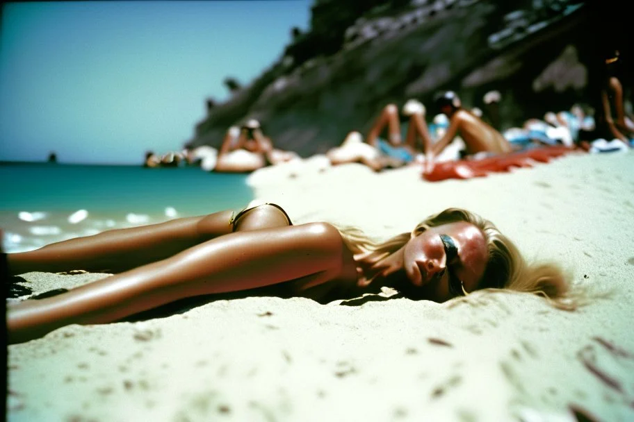 Mujer tomando el sol en una playa de Italia. fotografía real. fotografía con cámara Leica y objetivo de 35 mm