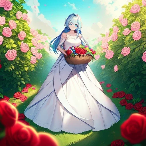 very gorgeous anime girl wearing a yellow and white dress ,standing in a meadow of flowers, spreading rose pedals on the ground. beautiful eyes and a stunning smile, blue eyes, two blue eyes, perfect nose and rosy cheeks and red lips. girl is holding a basket with flowers in it. girl has flawless face. simetrical face