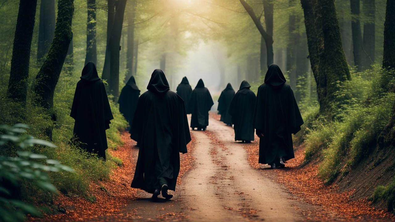 black robe hooded monks on the forest path