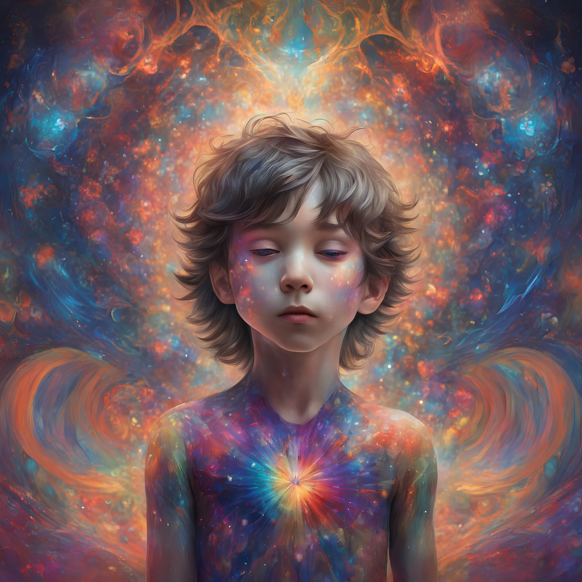 A young boy, eyes closed, adorned in a kaleidoscope of colors, dons a captivating leotard. His eyes, wide with wonder, are fixated upon a mysterious and ethereal glow emanating from the eyes of a ghoul. The tendrils of this otherworldly being gently coil and encircle him, creating an enchanting dance of light and shadow. This captivating image evokes a sense of both fascination and trepidation, where the boundaries between reality and the supernatural intertwine