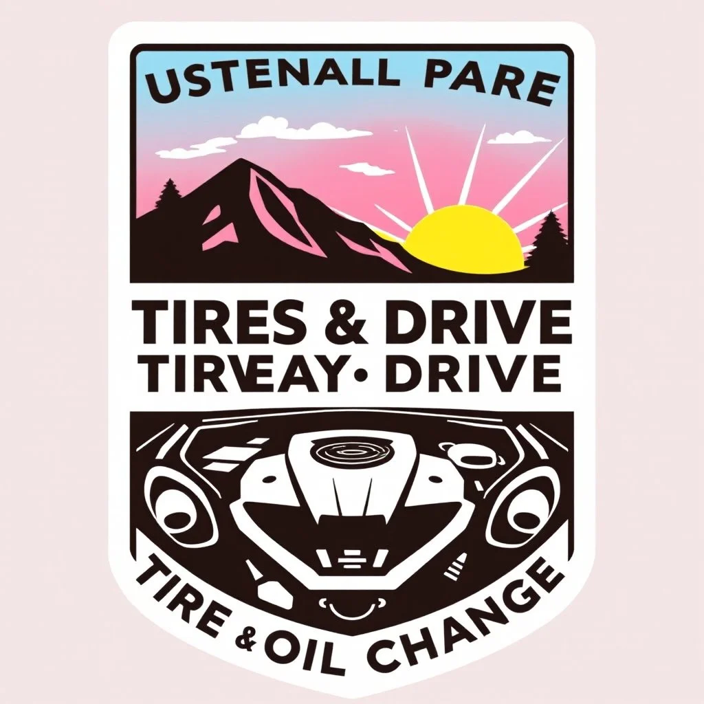 logo for a shop that installs tires and does oil changes, top has elements of beautiful park highway drive, bottom shows front of a car engine. all inside a shield shape with squared top and rounded bottom, in the style of national parks stickers