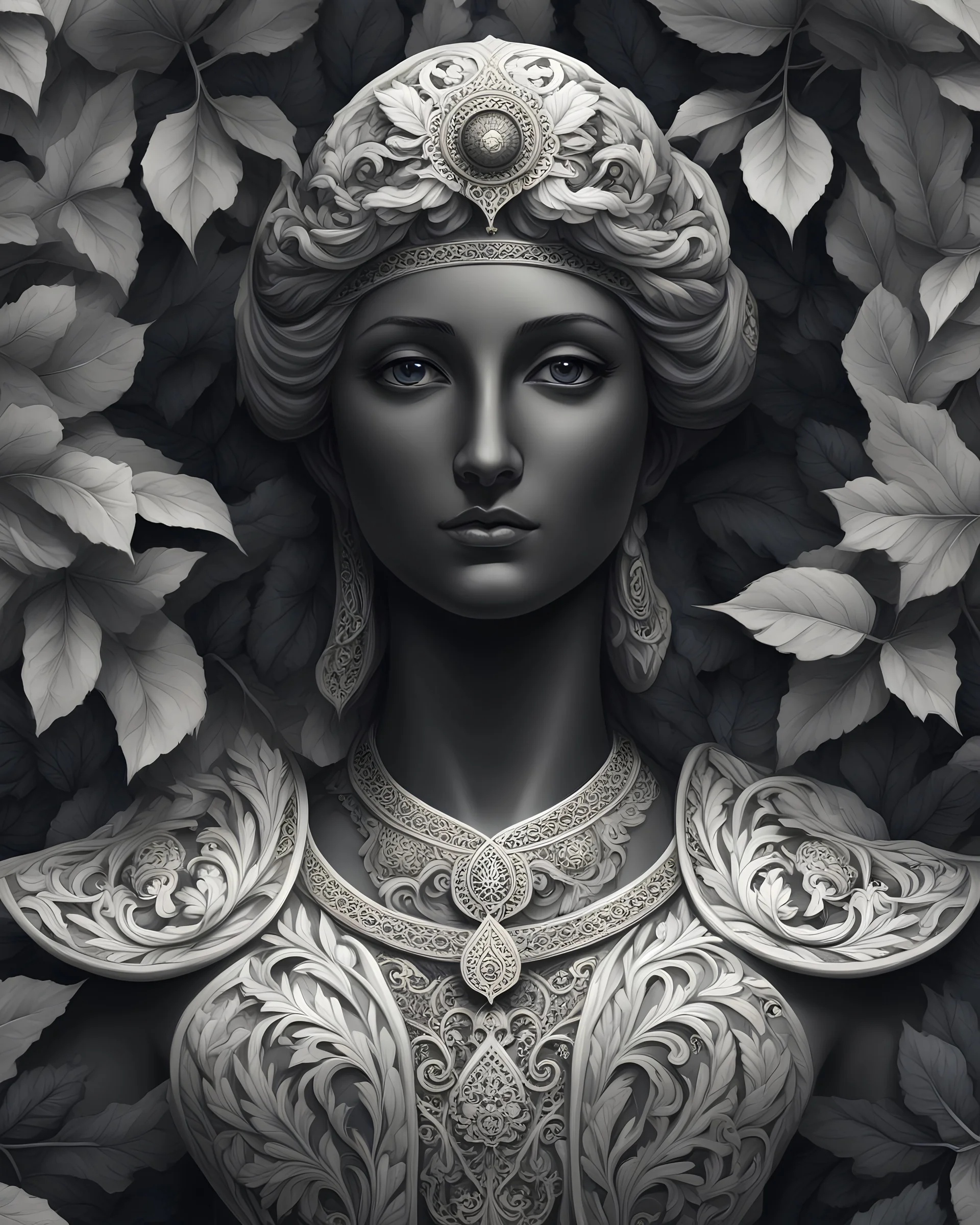 Storm, wind, leaves, cloudy, gloomy, Close up, Centered, BIG black eyes, a beautiful marble bust of an Orthodox statue, filigree patterns, delightful anatomy, (fantastic perfect art, 64k ultra hd:1.1), best drawing (by dan mumford:1.5), Close up, Centered. BIG black eyes. Storm, wind, leaves, cloudy, gloomy.