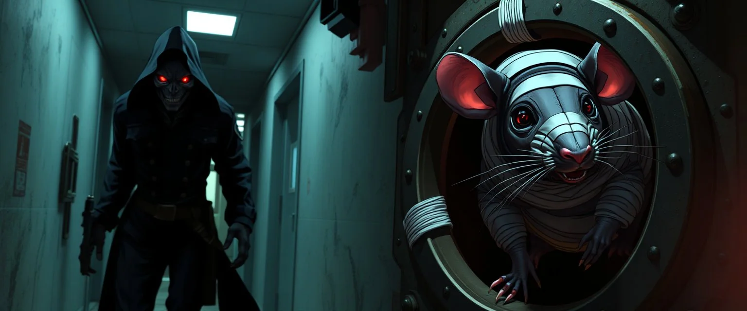 4️⃣ Evil NPC Emerges "A menacing human in shadowy uniform with glowing red eyes prowls the corridor. Giant mummy rat peeks cautiously from a maintenance hatch, tense and sly. Bandages flutter slightly as it moves. Caged rat visible in a nearby lab, stasis pod faintly glowing. Dramatic Rembrandt-style lighting with anime-inspired expressive eyes, mood: fear, alertness, cunning."