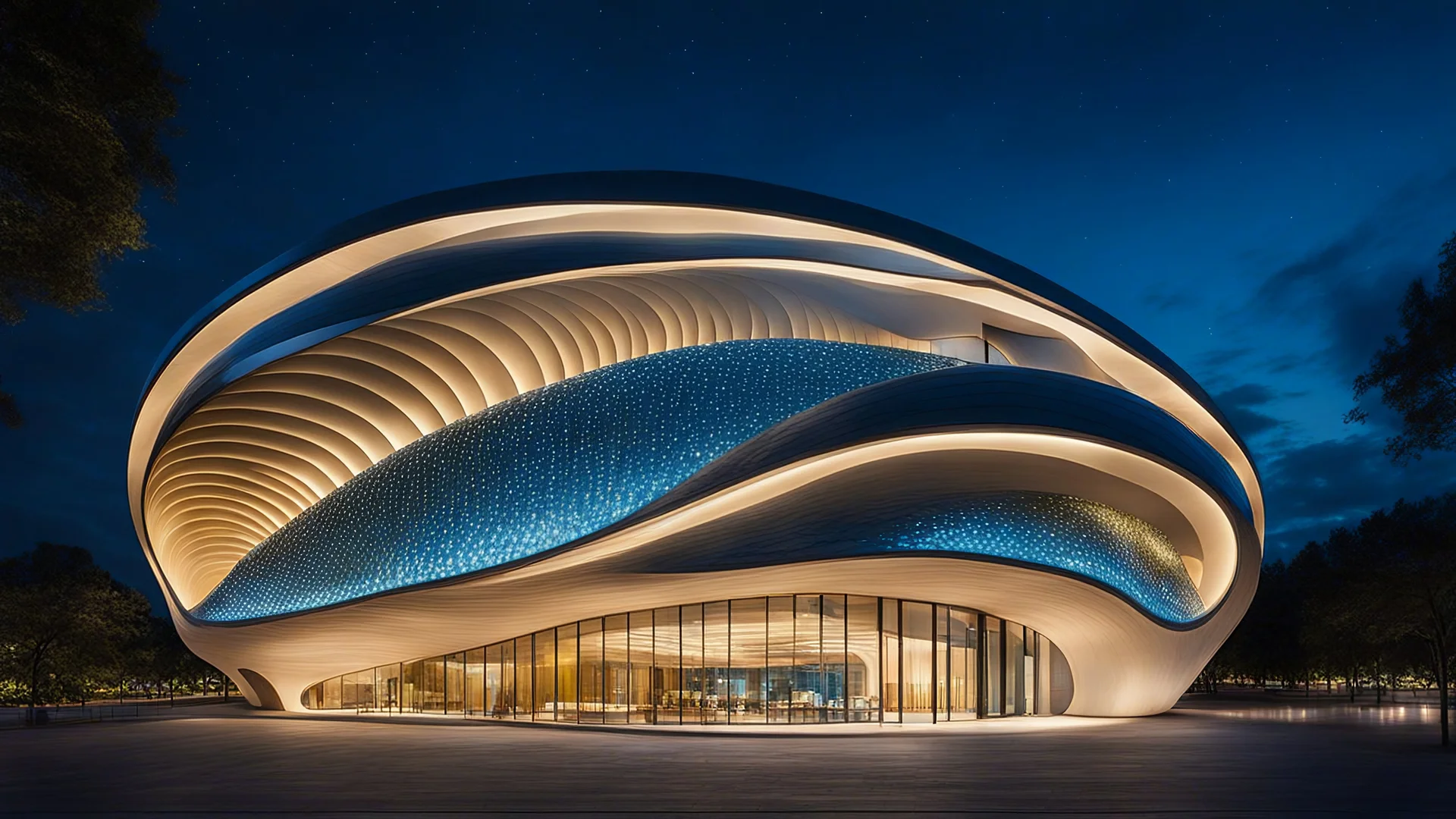 A futuristic building at night inspired by the fluidity of ocean waves, with undulating, curved walls made of shimmering, iridescent, semi-transparent materials. The structure has many varied oval windows that reflect the moonlight and the night sky. Lights inside the building make it come alive. Fireflies in the surrounding space add excitement. Award-winning photograph, beautiful composition, joyful appearance, sensational design