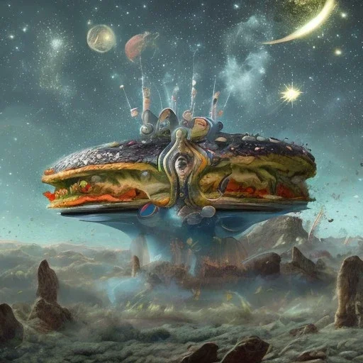 burger cult at the edge of the universe in surrealistic style