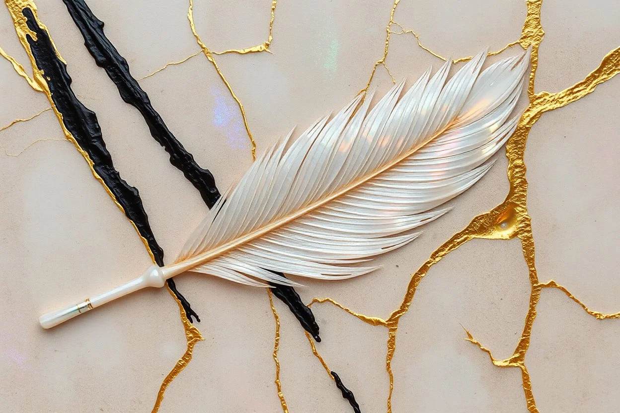 golden patina, corrosion, watercolour, pastel eggshell impasto effect, strong brush strokes, as if worked with a feather, iridescent pearl in the mud, 2 black and 2 gold lines, holographic marble backround, the cracks are golden