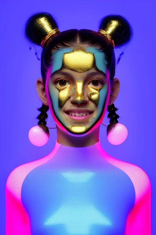 Rosalía artist, Ultra Realistic image, waist up portrait, gold teeth, black eye line, sweet smile face, pigtails hair, spray line make up, geometric, gold, big rings piercing, led ornament, bubble latex coat, inflatable, cold, led lights, geometric, neon, pink, blue, gold, vibrant color, highly detailed, art stations, concept art, smooth, unreal engine 5, god rays, ray tracing, RTX, lumen lighting, ultra detail, volumetric lighting, 3d, finely drawn, high definition, high resolution.