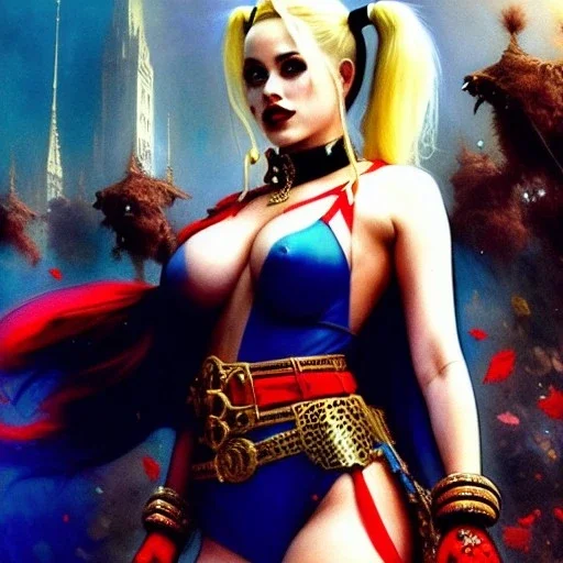 Drawing of beautiful face,'beautiful booty ,Busty Harley Quinn',intense stare, ancient skintight armor, balanciaga fashion clothe painting by gaston bussiere, greg rutkowski, yoji shinkawa, yoshitaka amano, tsutomu nihei, donato giancola, tim hildebrandt, Oil on canvas, cinematic composition, extreme detail,fit full head inside picture,16k