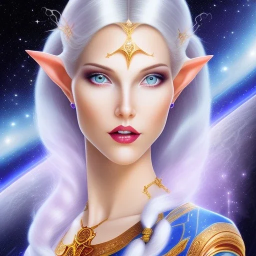 cosmic mage, elf, female, cosmic magic, long ears, white hair, face details, pale skin, jewellery, broad shoulders, sharp ears, cosmic clothes, cosmic eyes, ears shown, the cosmos in eyes, shining eyes, thin face, detailed ears, magical eyes, closed mouth, make up, smiling face, happy face, pointy ears