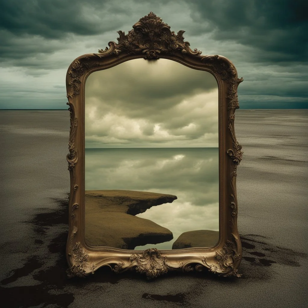 cursed mirror that reflects photo negatives of mournful faces, by Yves Tanguy and Brooke Shaden, color photorealism, natural colors, palpable textures, distinctive visceral style, detailed line work, surrealism powerhouse, opulent shadows, menacing illusions.