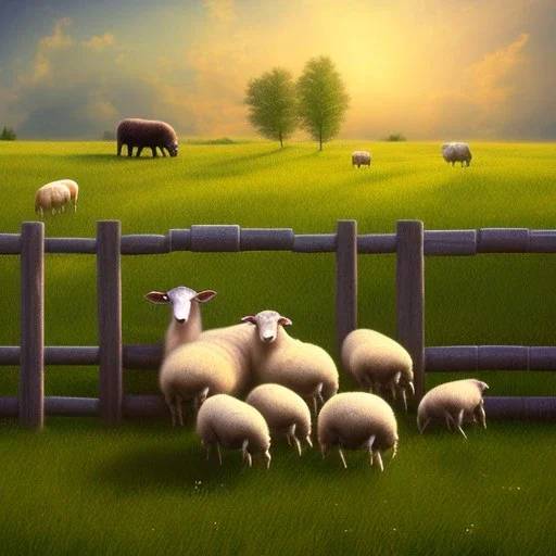 sheep grazing in a field with a few fences