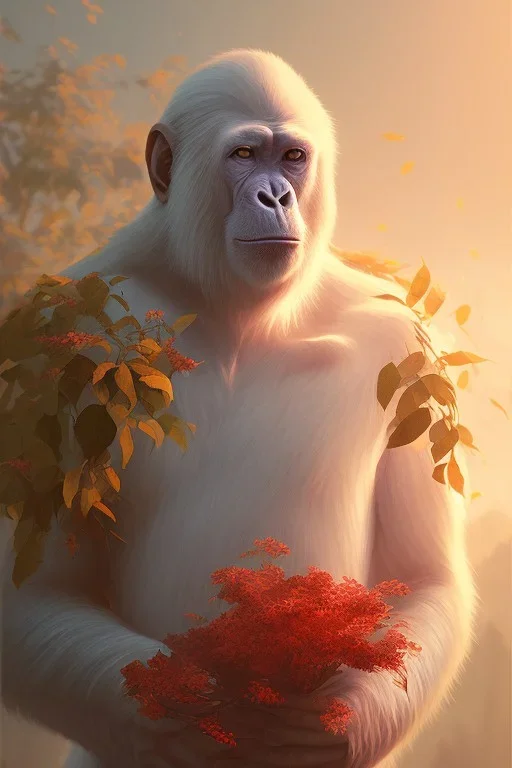 Ape portrait , detailed hands, at dawn by atey ghailan, golden light , white robe, holding leaves and flowers , angels background, volumetric light, high detail, red leaf tree, mountains in background, perfect