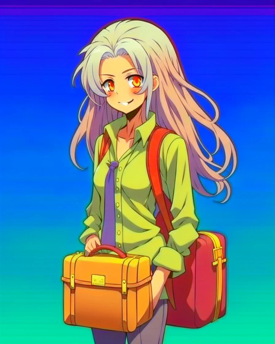 Cute fece, long white hair, gray shirt and with a brown bag, Hunter X Hunter anime style