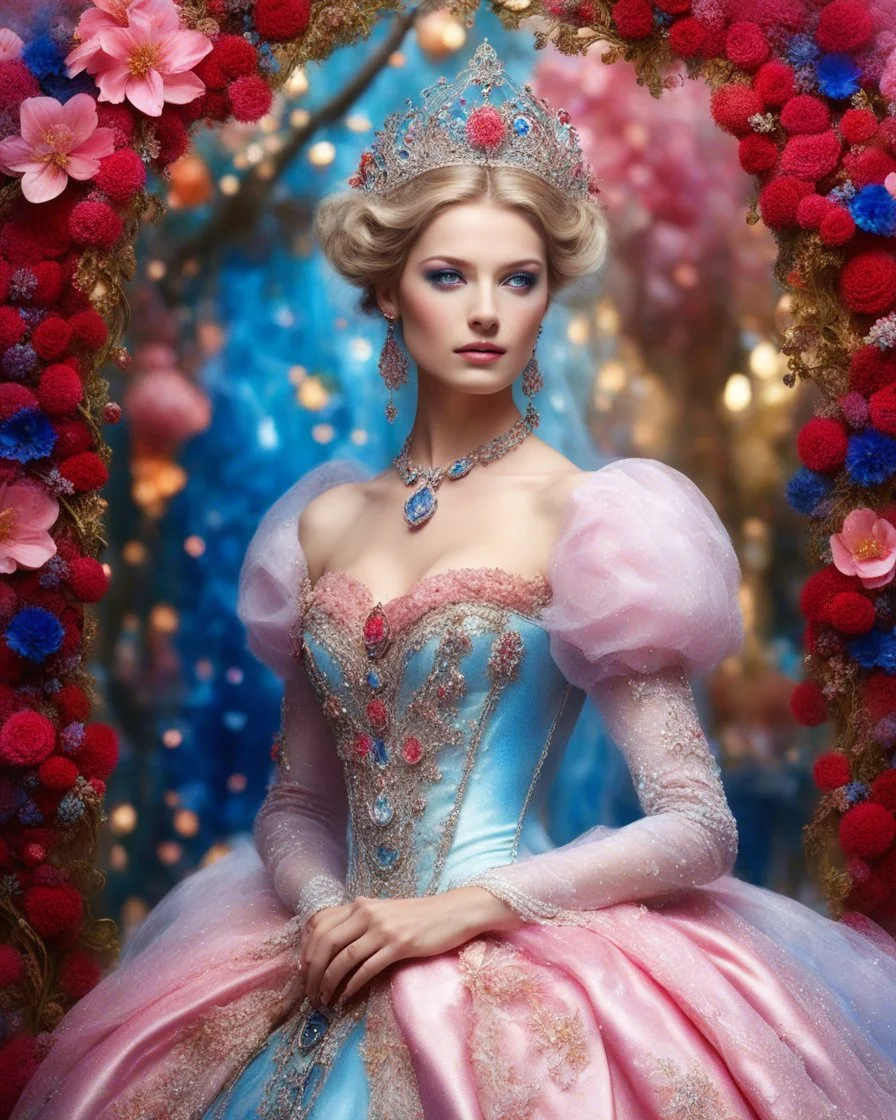 Gorgeous Realistic Photograph Pretty European Supermodel Beautiful, as Beautiful Princess Cinderella, a stunning adorned in vibrant luxury carnival attire,luxurious diamonds jewelrys,ethereal beauty, luxurious background, with swirling colors and fantastical tiny flowers, enchantment and grace, twisted vines, whimsical, surreal landscapes, emotive style, dreamlike quality, and magical realism, carnival red, ethereal pink, whimsical blue, vibrant green, celestial purple, golden amber, and shimmer