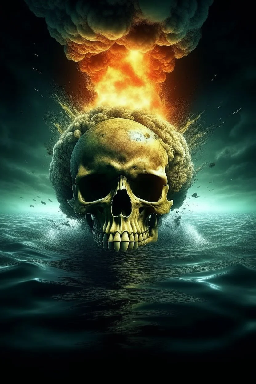 an explosions in side the human skull brain and huge fire behind a nuclear submarine under the water ocean water in all the picture and the on the background
